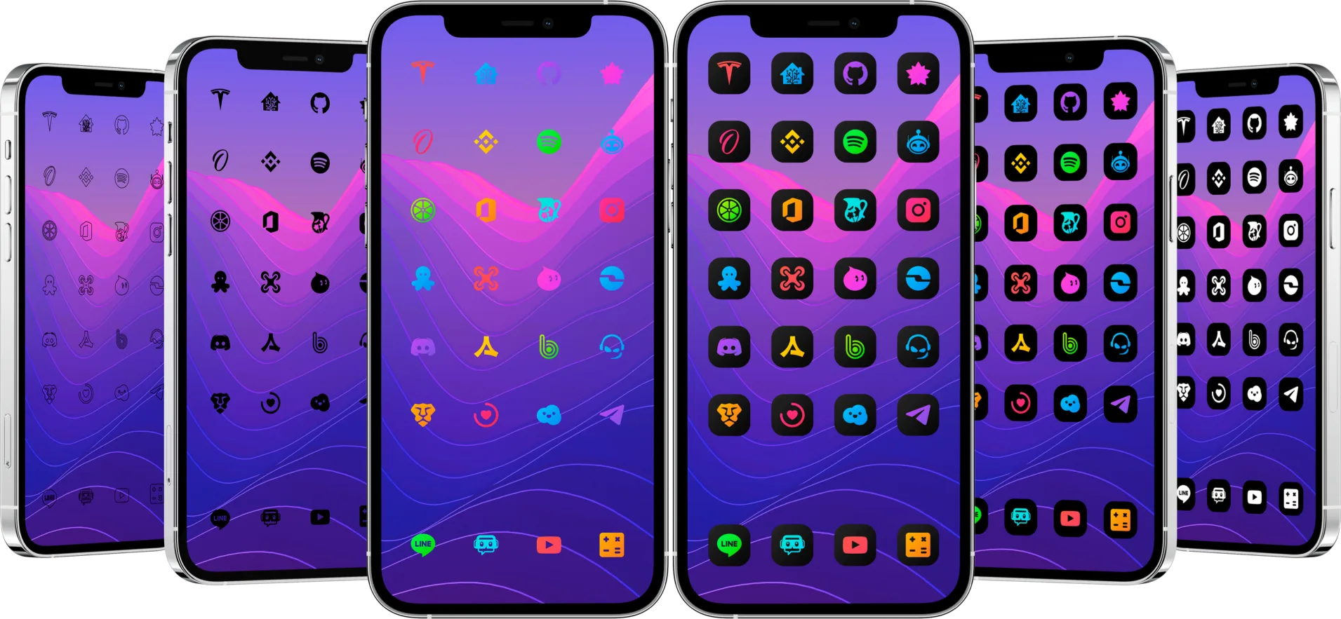 DarkBoard XS iOS - Galería completa con 6 iPhones mostrando el tema oscuro
