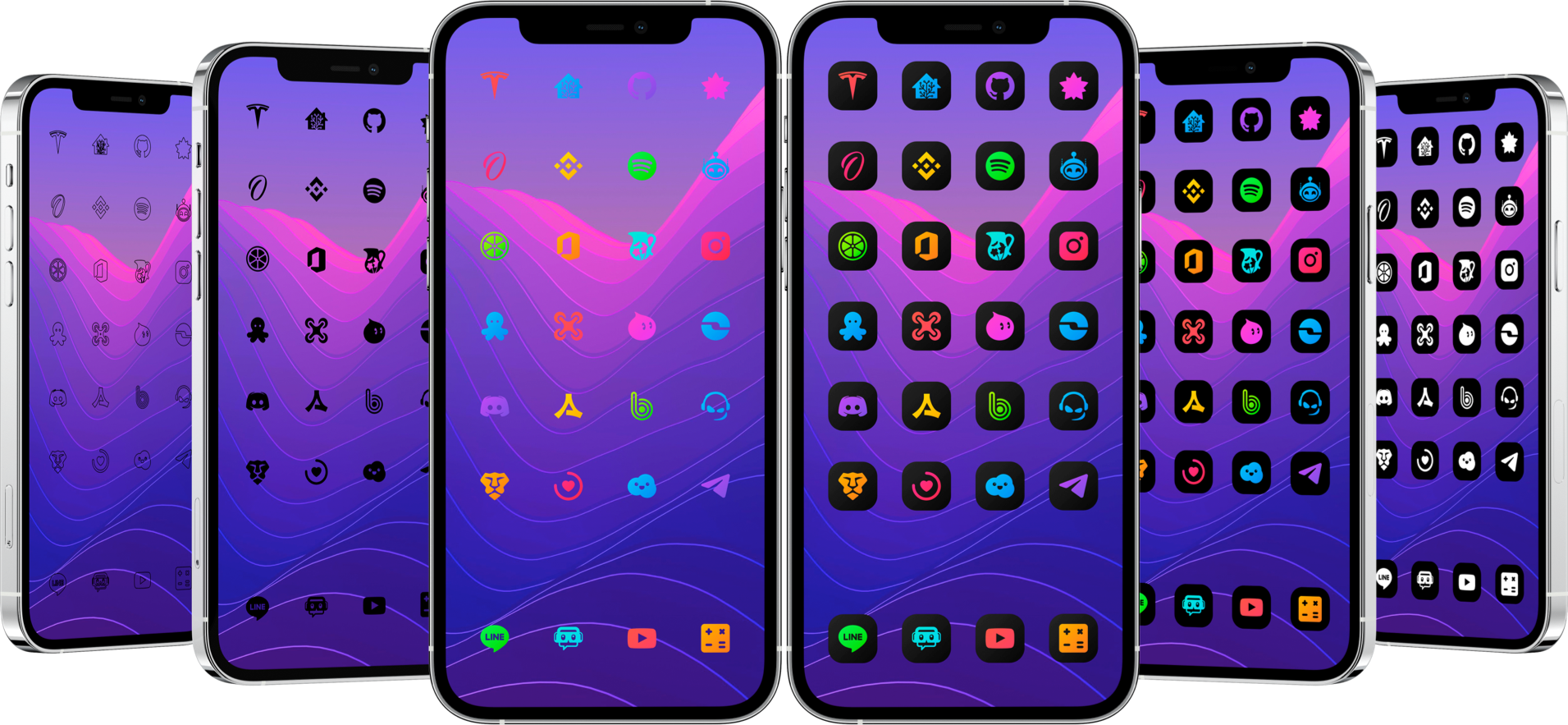 DarkBoard XS iOS - Complete gallery with 6 iPhones showing the dark theme